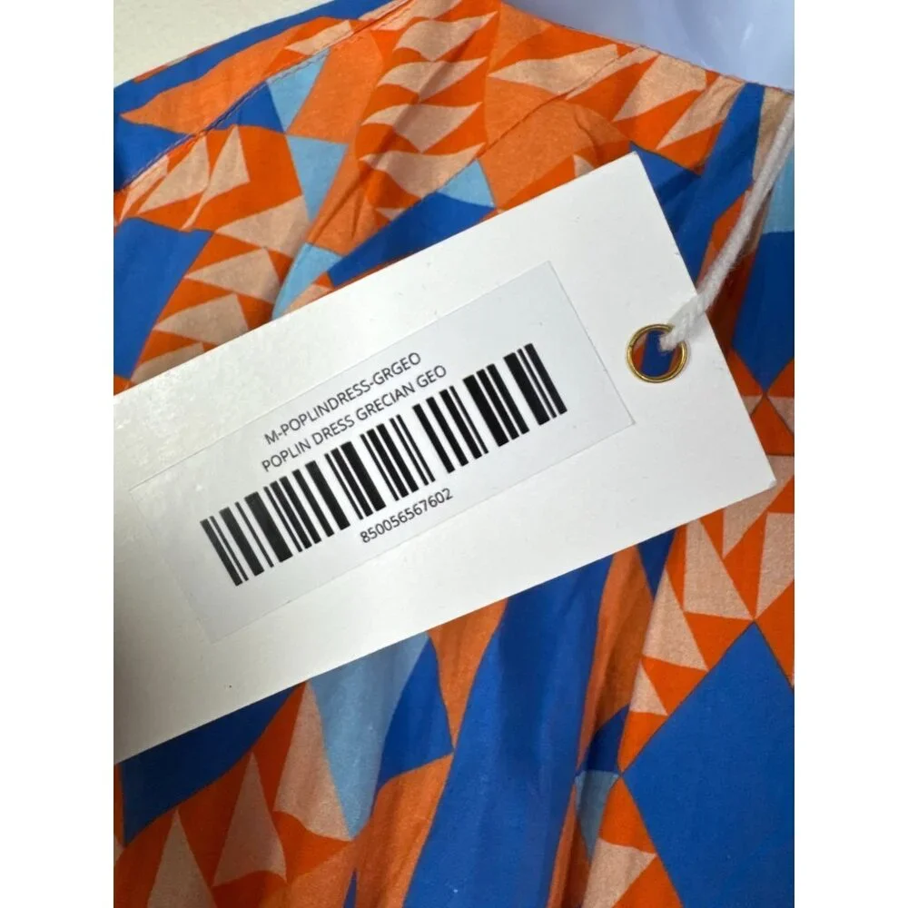 New Marea Womens Grecian Poplin Dress Short Sleeve Orange Blue Size Medium Boho - Picture 6 of 16
